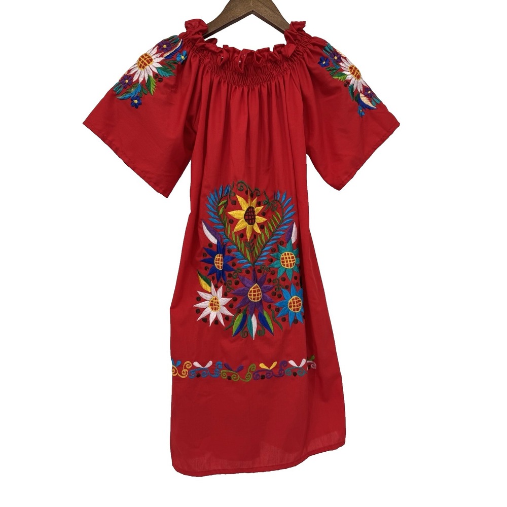 Mexican Dress Red Embroidered Oxcana Tomato Girl‎ Cinco De Mayo handmade M